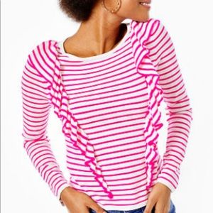Lilly Pulitzer Ruth Striped Sweater in Pink Tango Beach Stripe, Size Small.